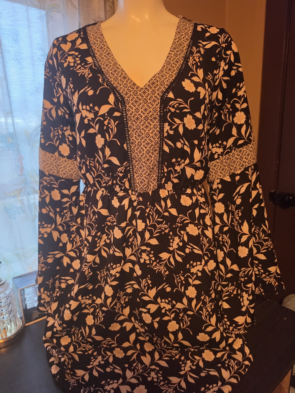 Maurices Black and Cream Floral V-Neck Long Sleeve Dress